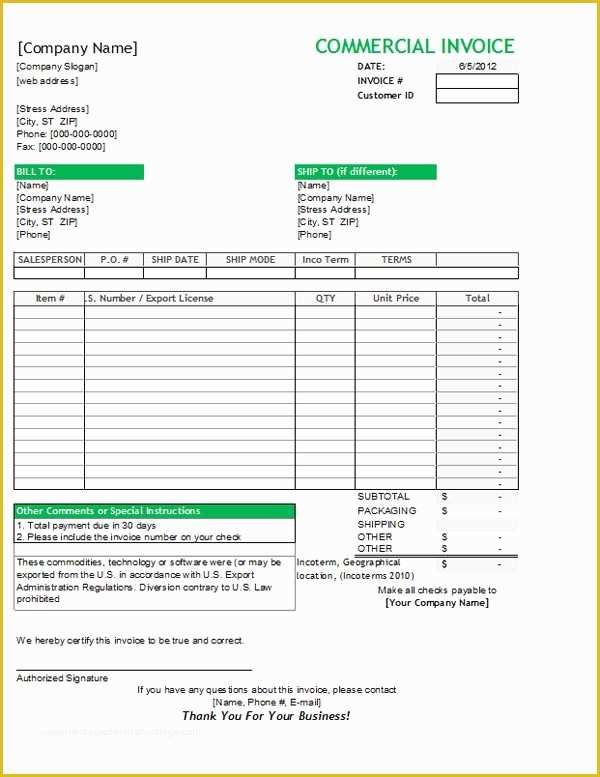 Commercial Invoice Template Excel Free Download Of Mercial Invoice Template