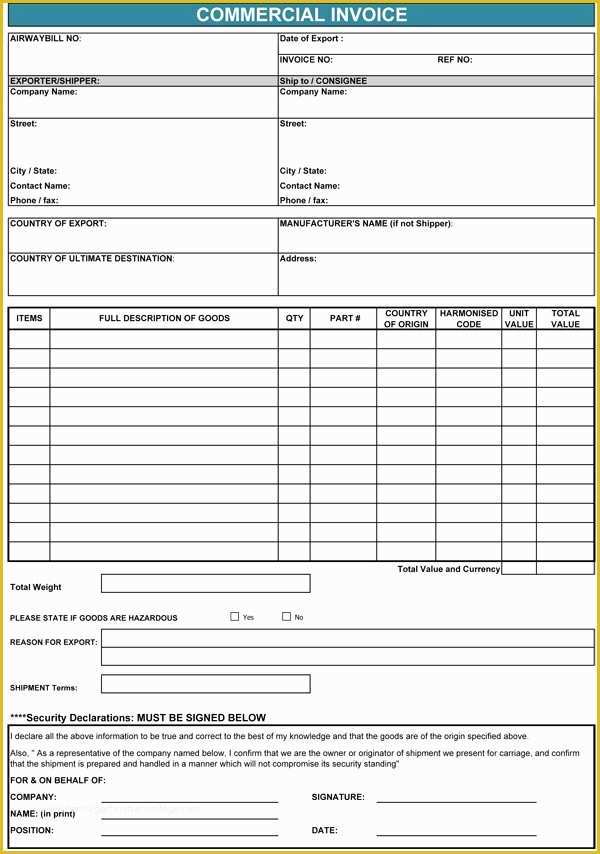 Commercial Invoice Template Excel Free Download Of Mercial Invoice Template