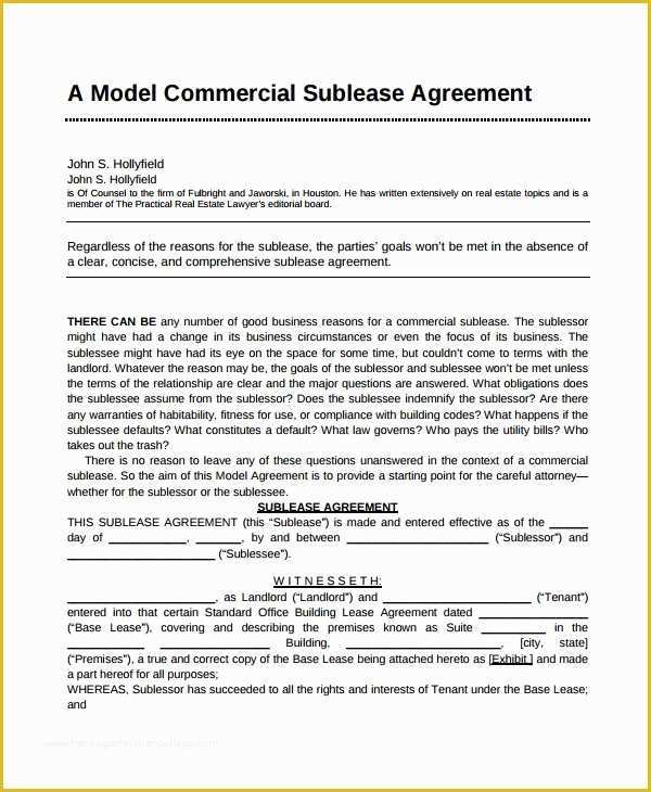 Commercial Sublease Agreement Template Free Of 7 Sublease Agreement Samples