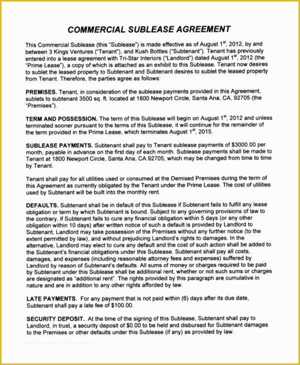 Commercial Sublease Agreement Template Free Of 8 Sample Sublease Agreements