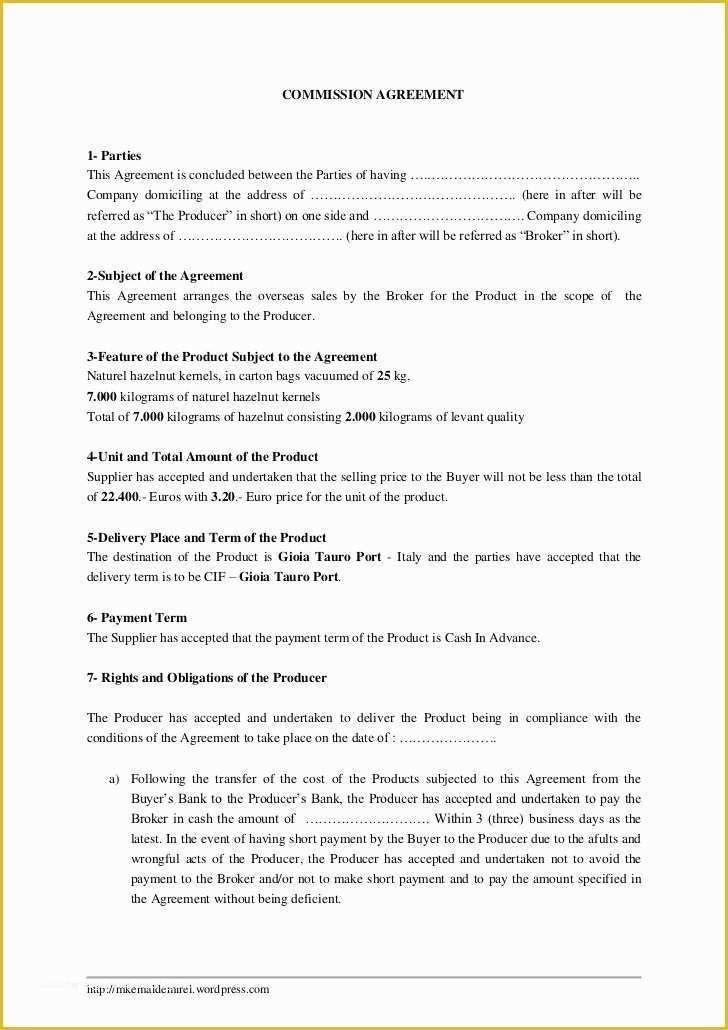 Commission Agreement Template Free Of Broker Mission Sharing Agreement Template Templates