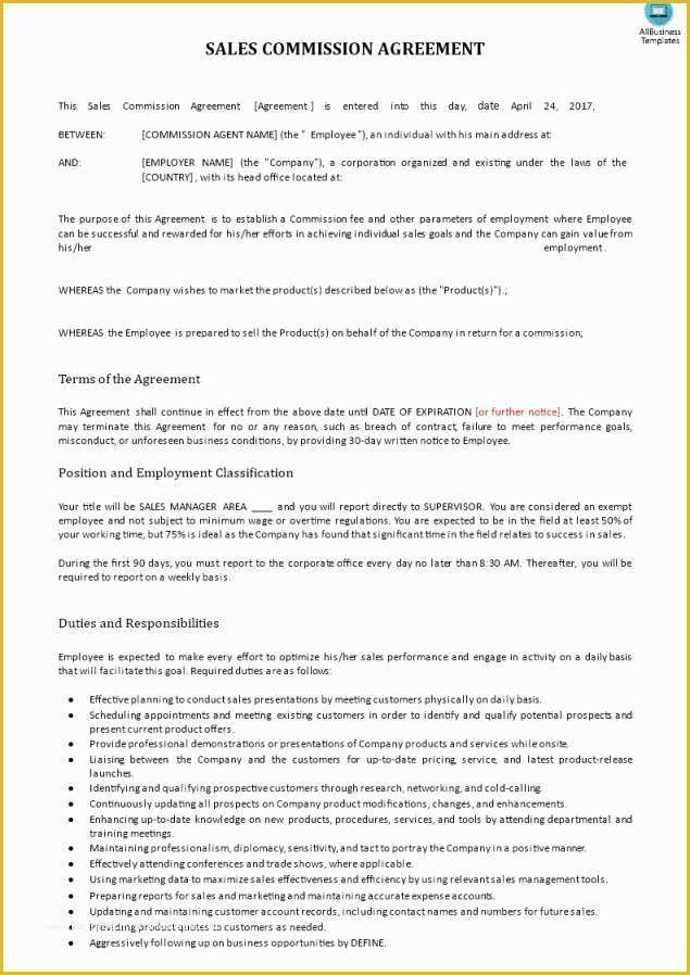 Commission Agreement Template Free Of Mission Contract Template