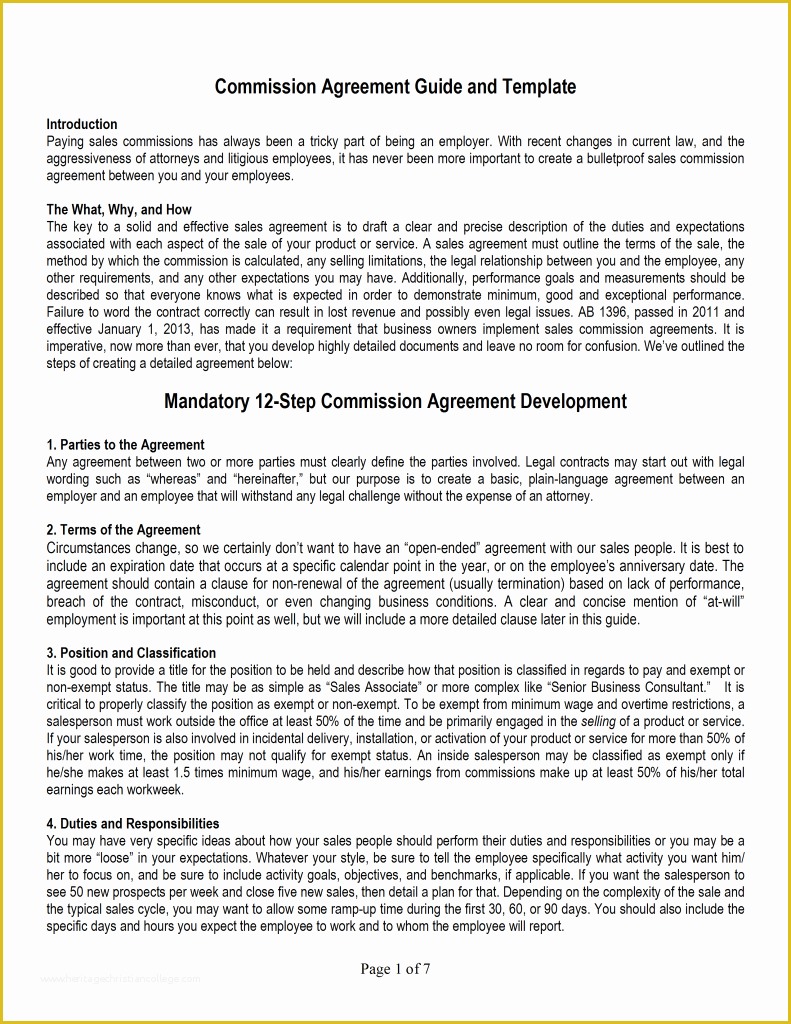 Commission Agreement Template Free Of Sales Mission Agreement Template