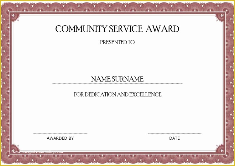 Community Service Certificate Template Free Of Munity Service Award