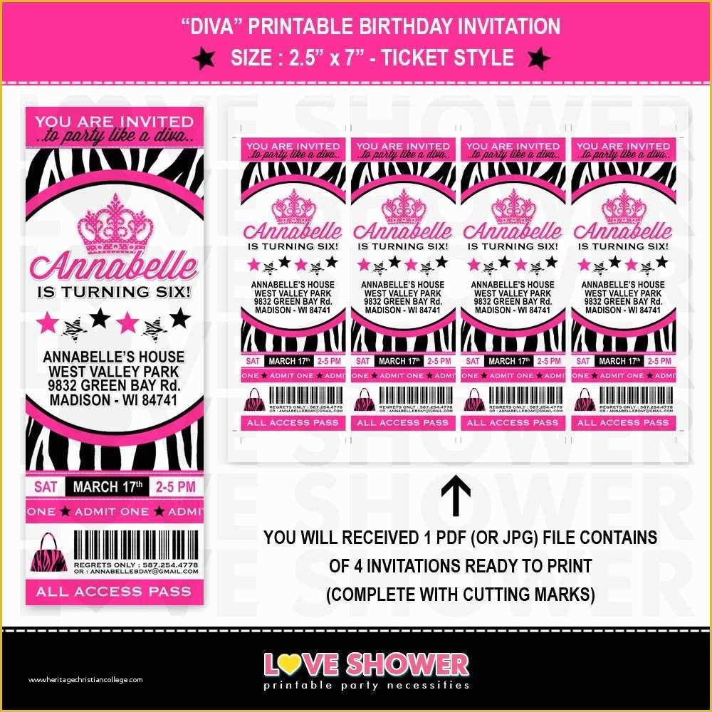 Concert Invitation Template Free Of Diva Birthday Invitation Ticket Style Zebra Print Hot Pink