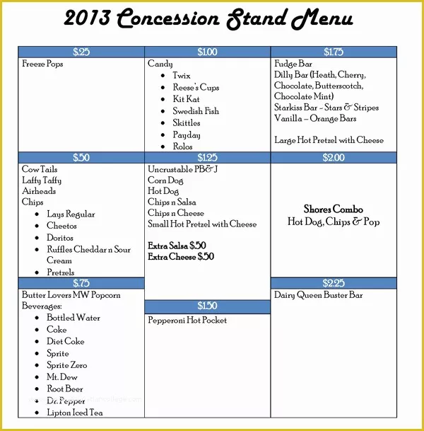 Concession Stand Menu Template Free Of School Calendar 2018 18 Template