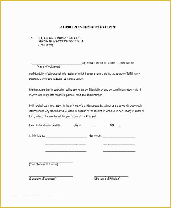 Confidentiality Agreement Template Free Of 11 Volunteer Confidentiality Agreement Templates Doc