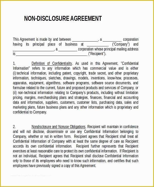 Confidentiality Agreement Template Free Of 21 Non Disclosure Agreement Templates Free Sample