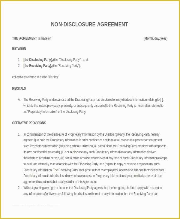 Confidentiality Agreement Template Free Of 21 Non Disclosure Agreement Templates Free Sample