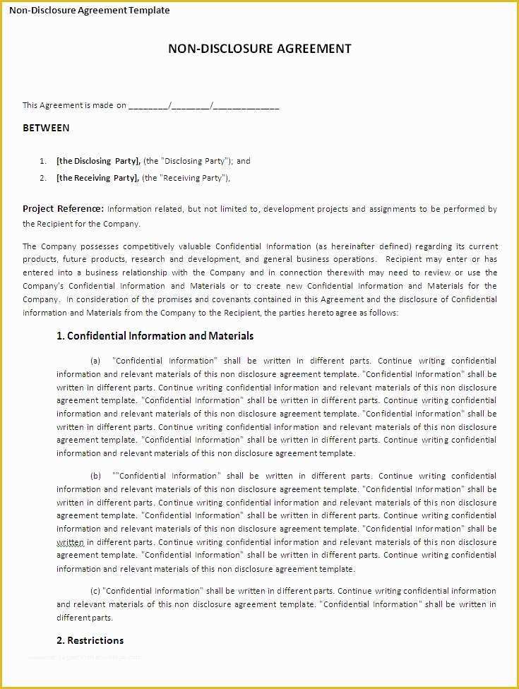 Confidentiality Agreement Template Free Of 6 Non Disclosure Agreement Templates Excel Pdf formats