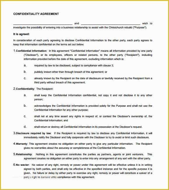 Confidentiality Agreement Template Free Of 7 Sample Confidentiality Agreements