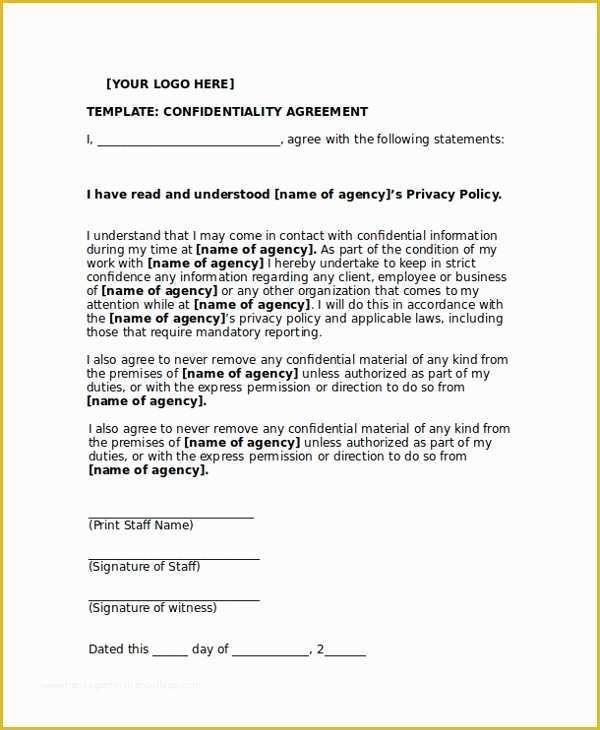 Confidentiality Agreement Template Free Of 9 Sample Personal Confidentiality Agreements