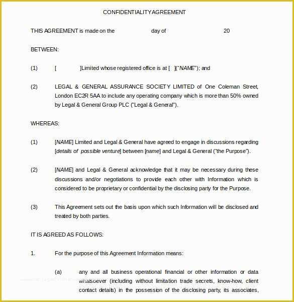 Confidentiality Agreement Template Free Of Confidentiality Agreement Templates 9 Free Word
