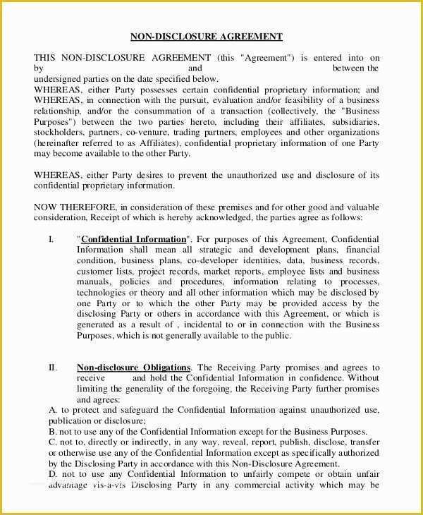 Confidentiality Agreement Template Free Of Non Disclosure Agreement Template – 9 Free Word Pdf