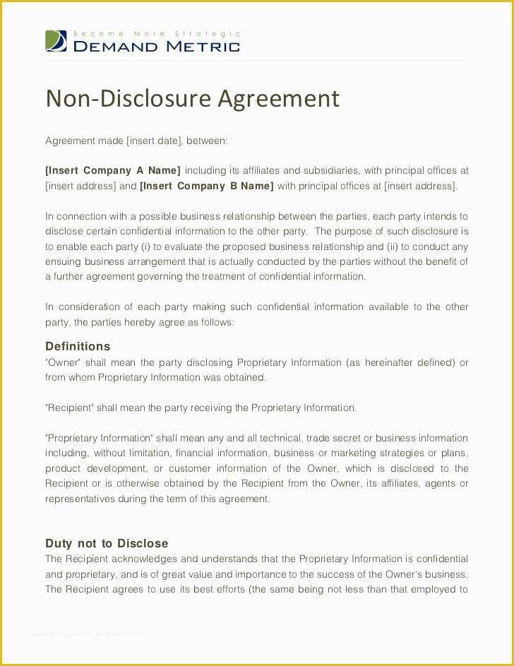 Confidentiality Agreement Template Free Of Non Disclosure Agreement Template