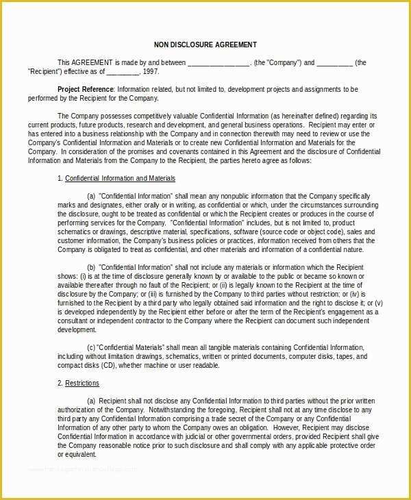 Confidentiality Agreement Template Free Of Standard Non Disclosure Agreement form 19 Examples In
