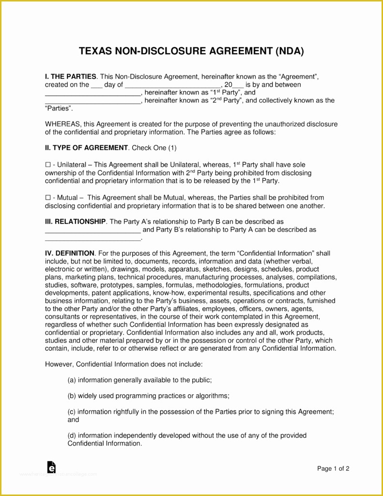 Confidentiality Agreement Template Free Of Texas Non Disclosure Agreement Nda Template