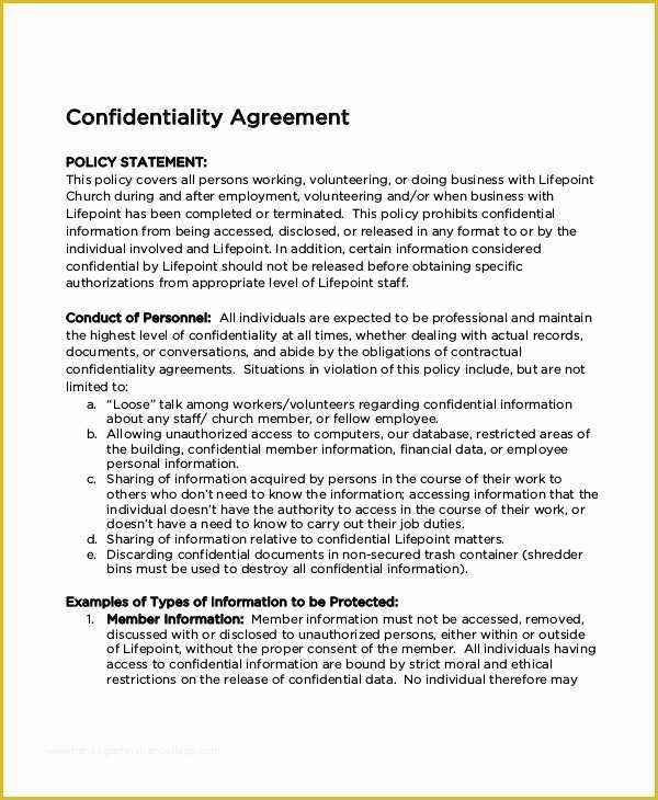 Confidentiality Policy Template Free Of 10 Church Confidentiality Agreement Templates Doc Pdf