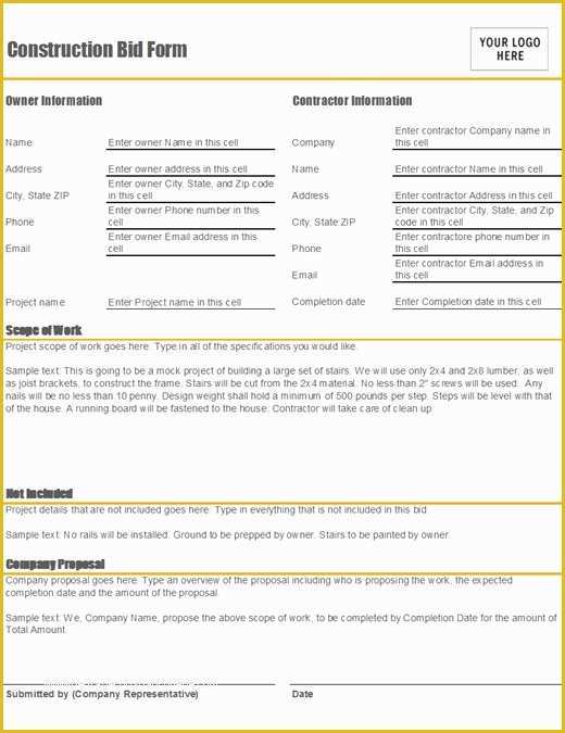 Construction Bid Template Free Excel Of Construction Bid form