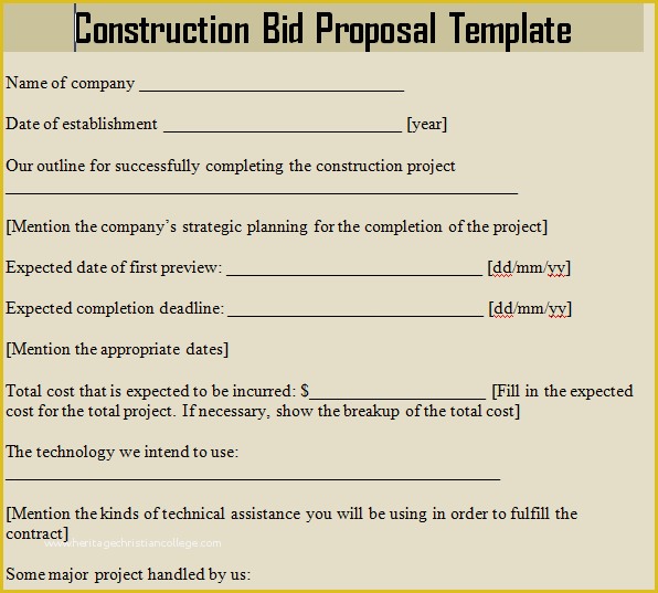 Construction Bid Template Free Excel Of Construction Bid Proposal Template