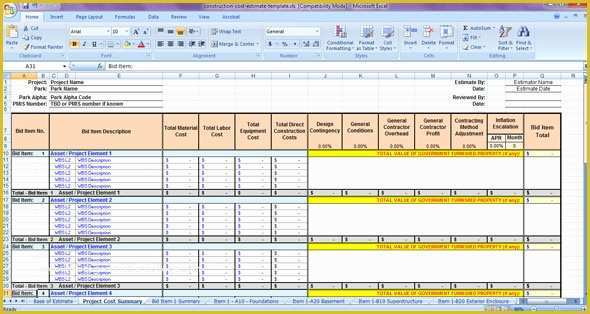Construction Bid Template Free Excel Of Construction Cost Estimate Template