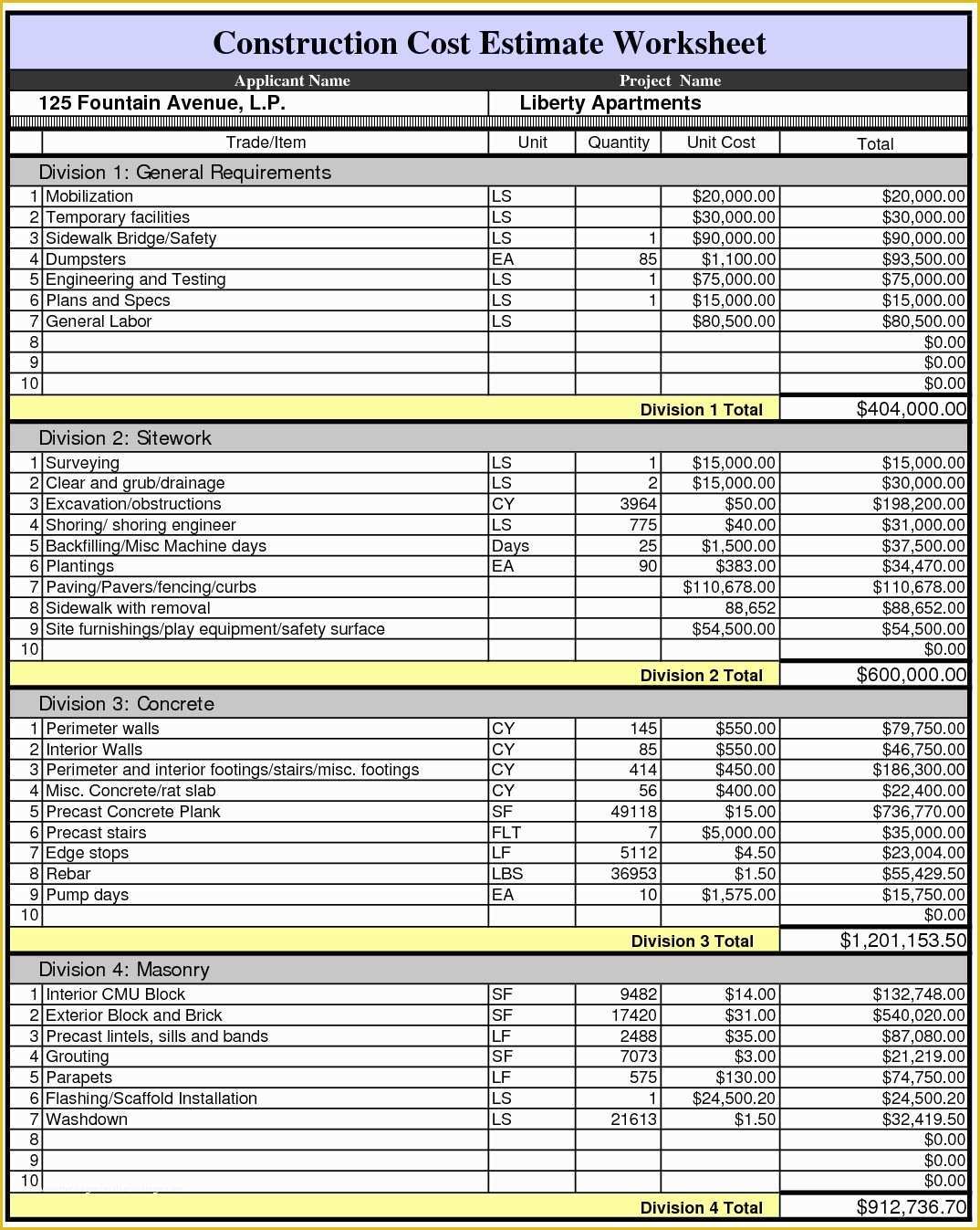 Construction Bid Template Free Excel Of Construction Estimate Template Excel Example Of Spreadshee