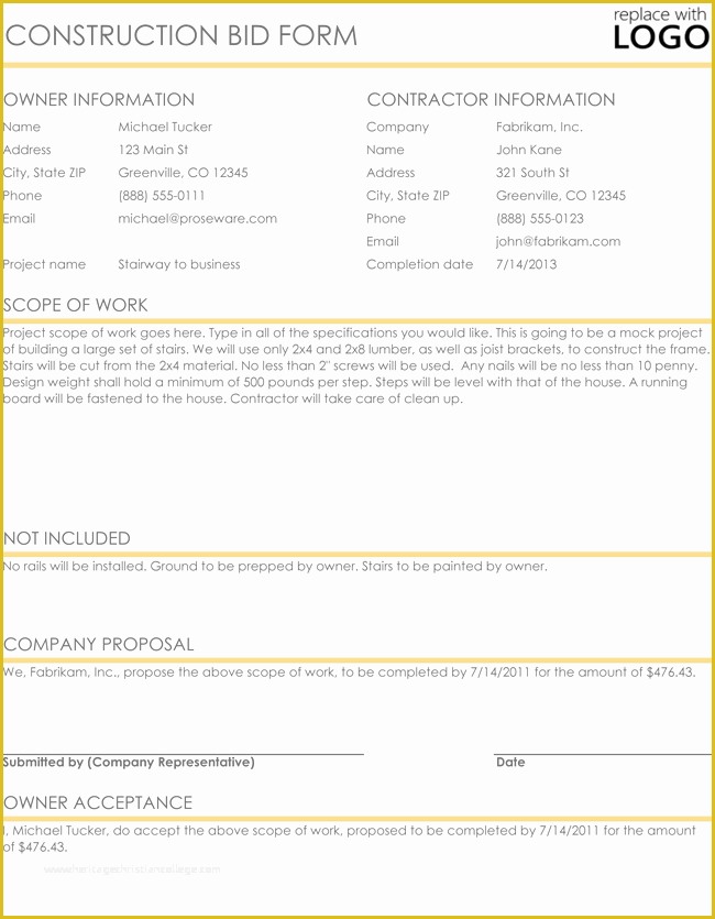 Construction Bid Template Free Excel Of Construction Proposal & Quote Templates Download In