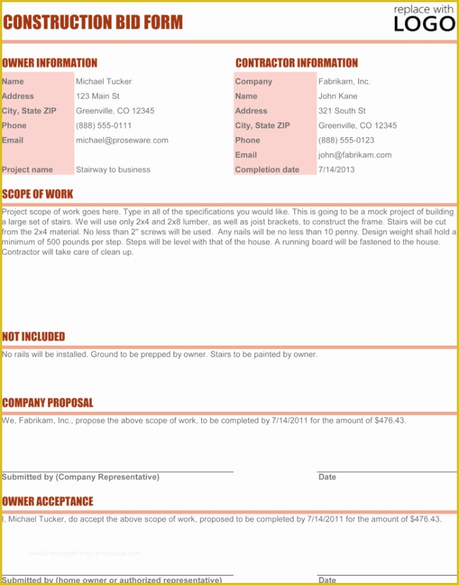 Construction Bid Template Free Excel Of Construction Proposal Template