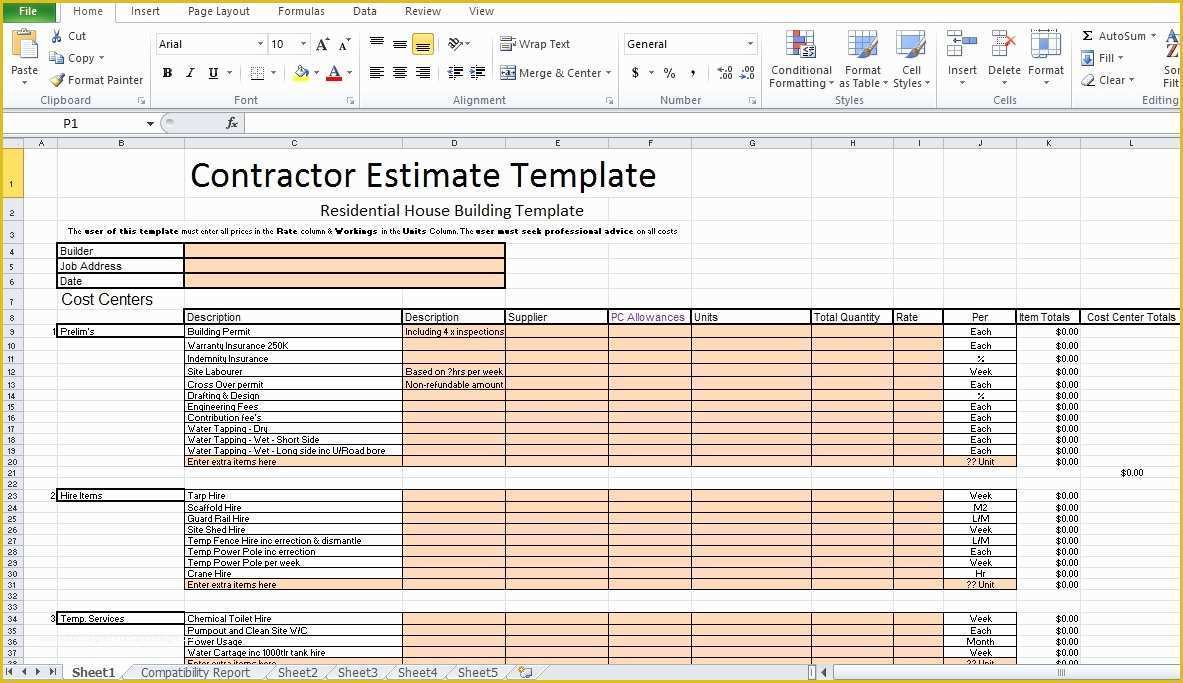 Construction Bid Template Free Excel Of Free Contractor Estimate Template Excel Excel Tmp