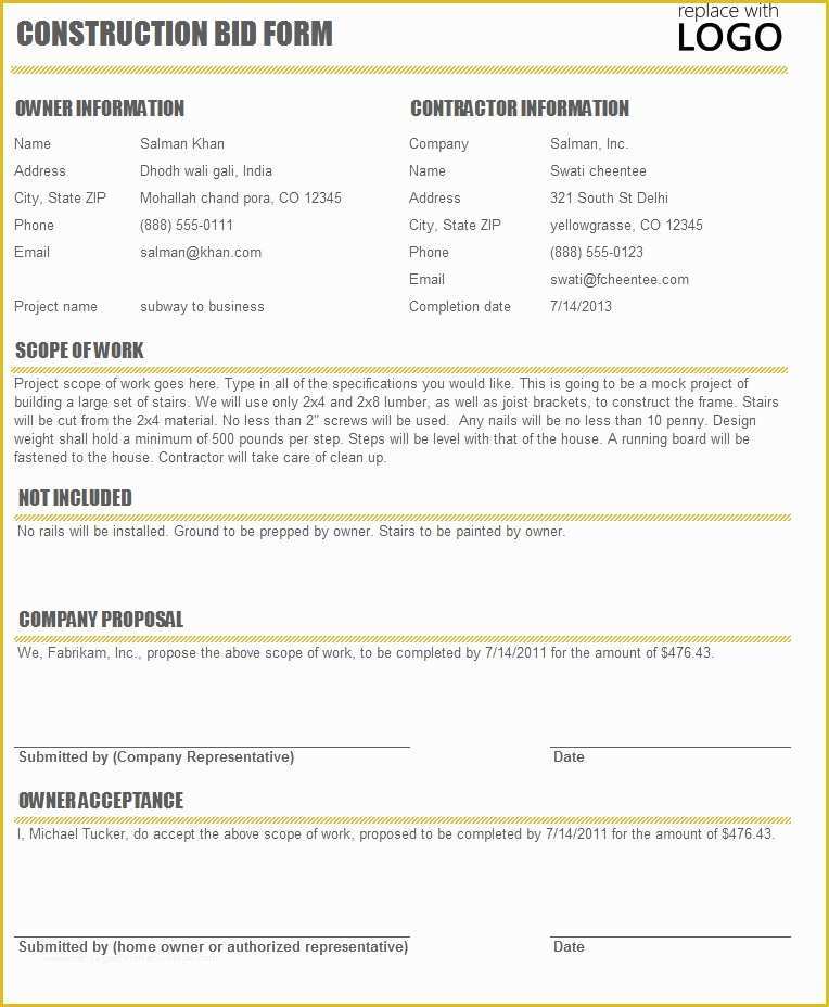 Construction Bid Template Free Excel Of Painting Bid Sheet Template