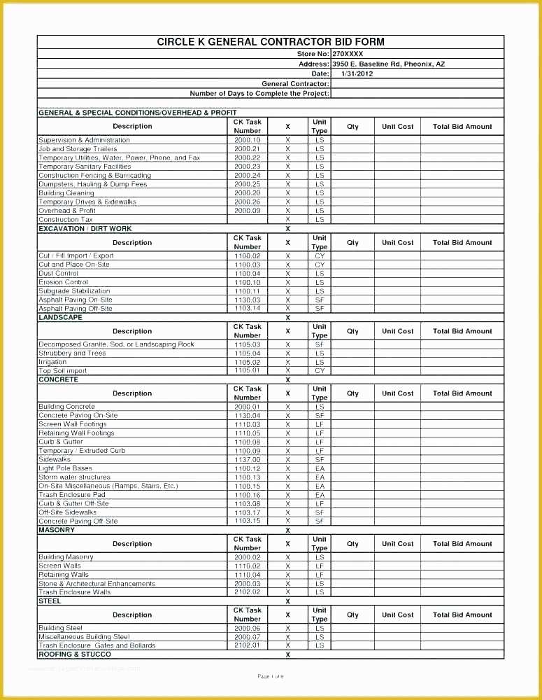 Construction Bid Template Free Excel Of Residential Construction Bid Template Free Print