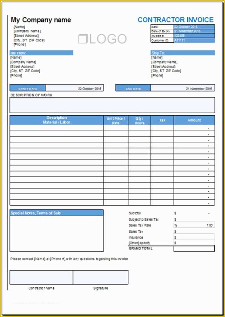 Construction Invoice Template Excel Free Of 29 Contractor Invoice Templates for Microsoft Word & Excel