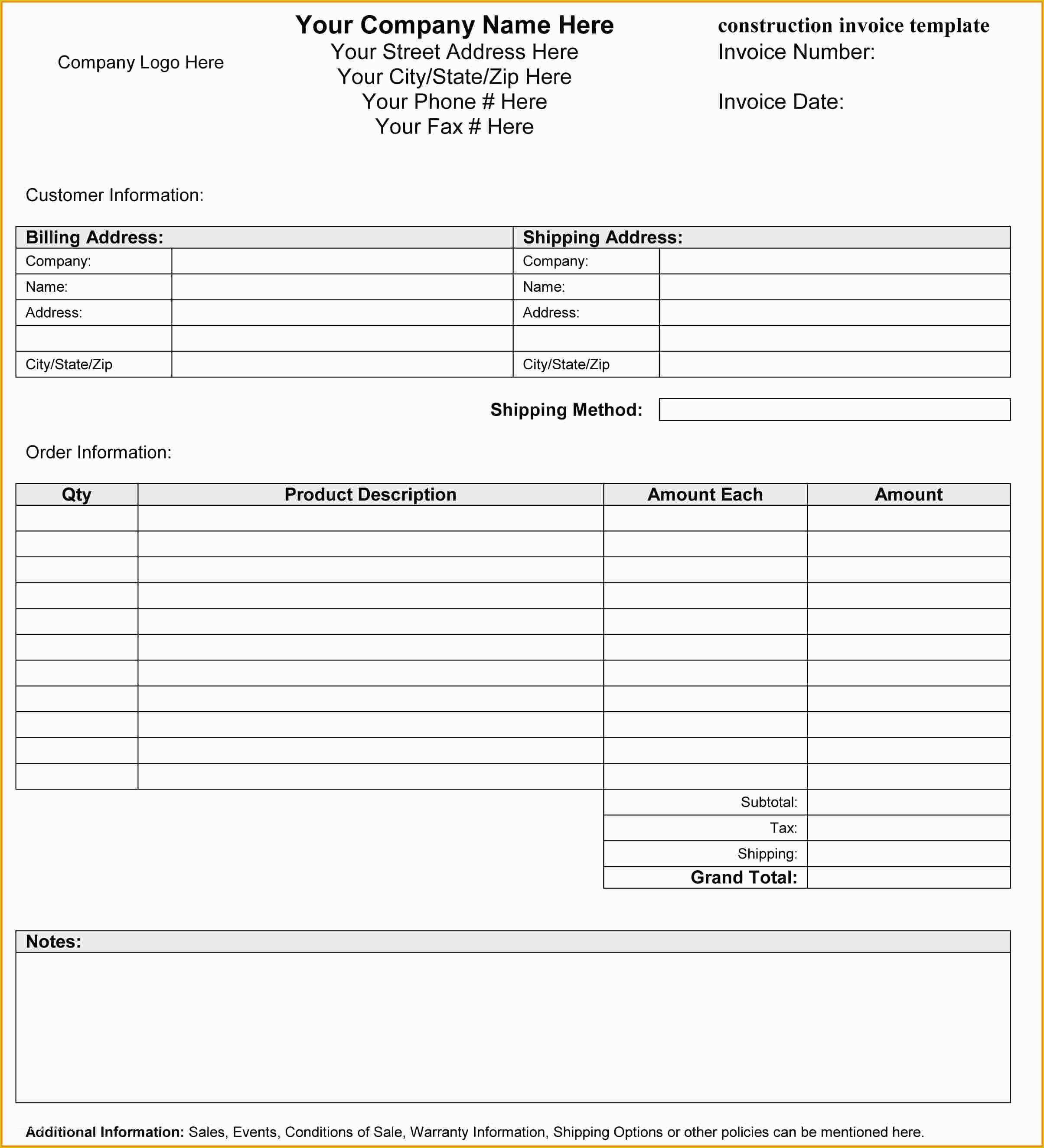 Construction Invoice Template Excel Free Of Construction Invoice Microsoft Office Invoice Templates