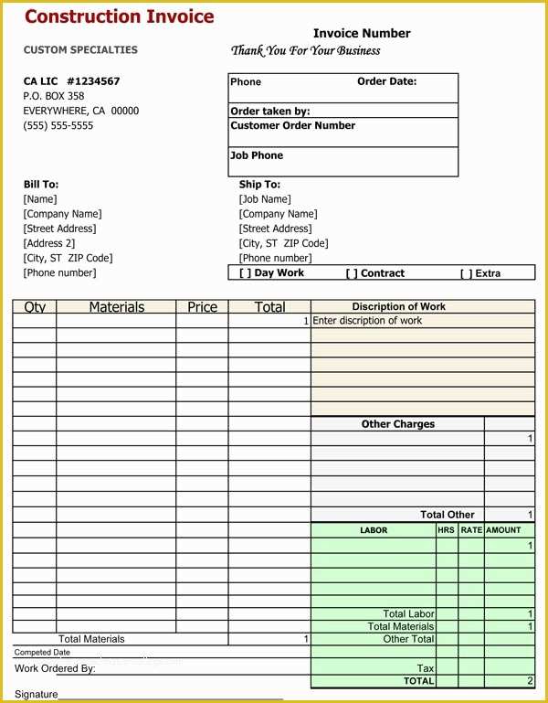Construction Invoice Template Excel Free Of Construction Invoice Template Excel