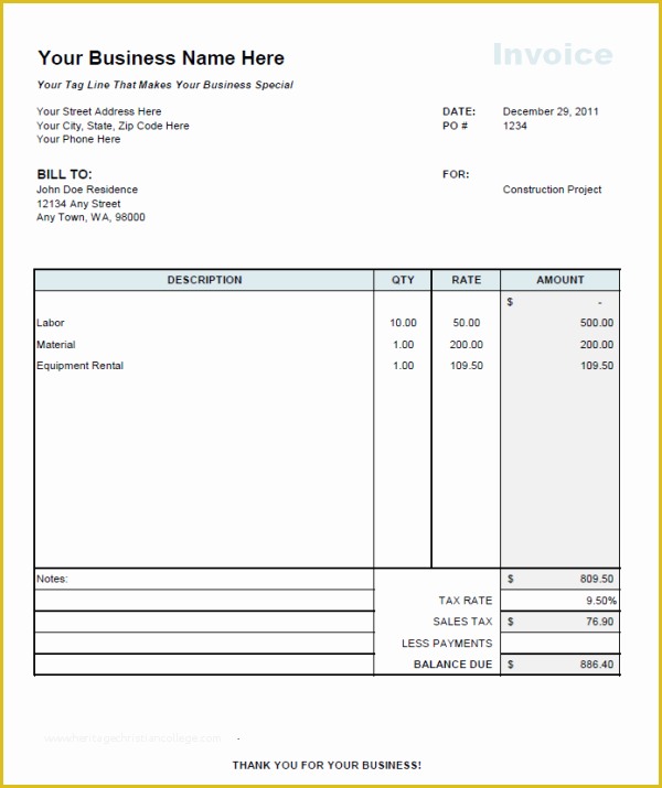 Construction Invoice Template Excel Free Of Contractor Invoice Template