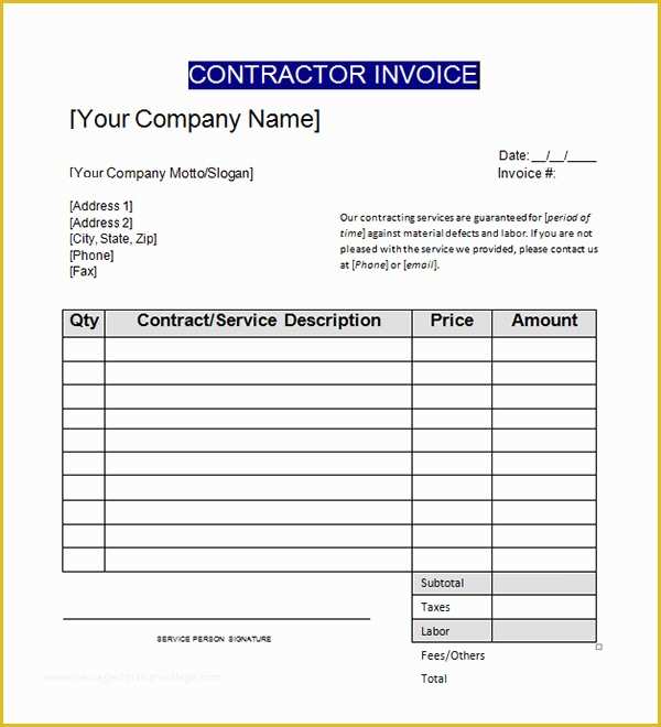 Construction Invoice Template Excel Free Of Sample Contractor Invoice Templates 14 Free Documents