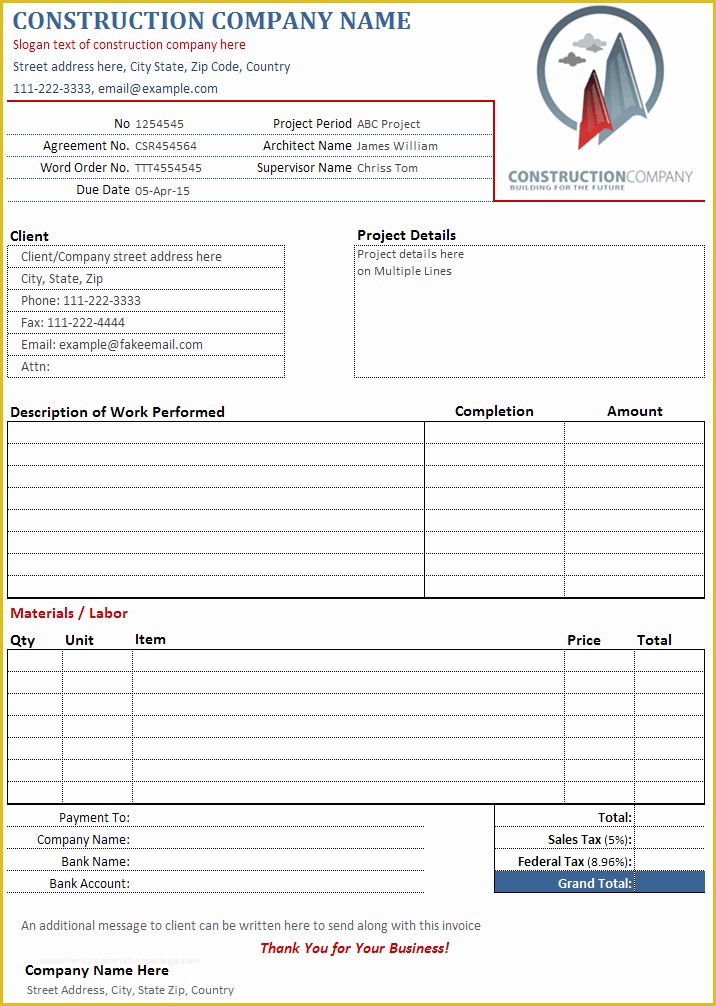 Construction Invoice Templates Free Download Of Construction Contractor Invoice Template