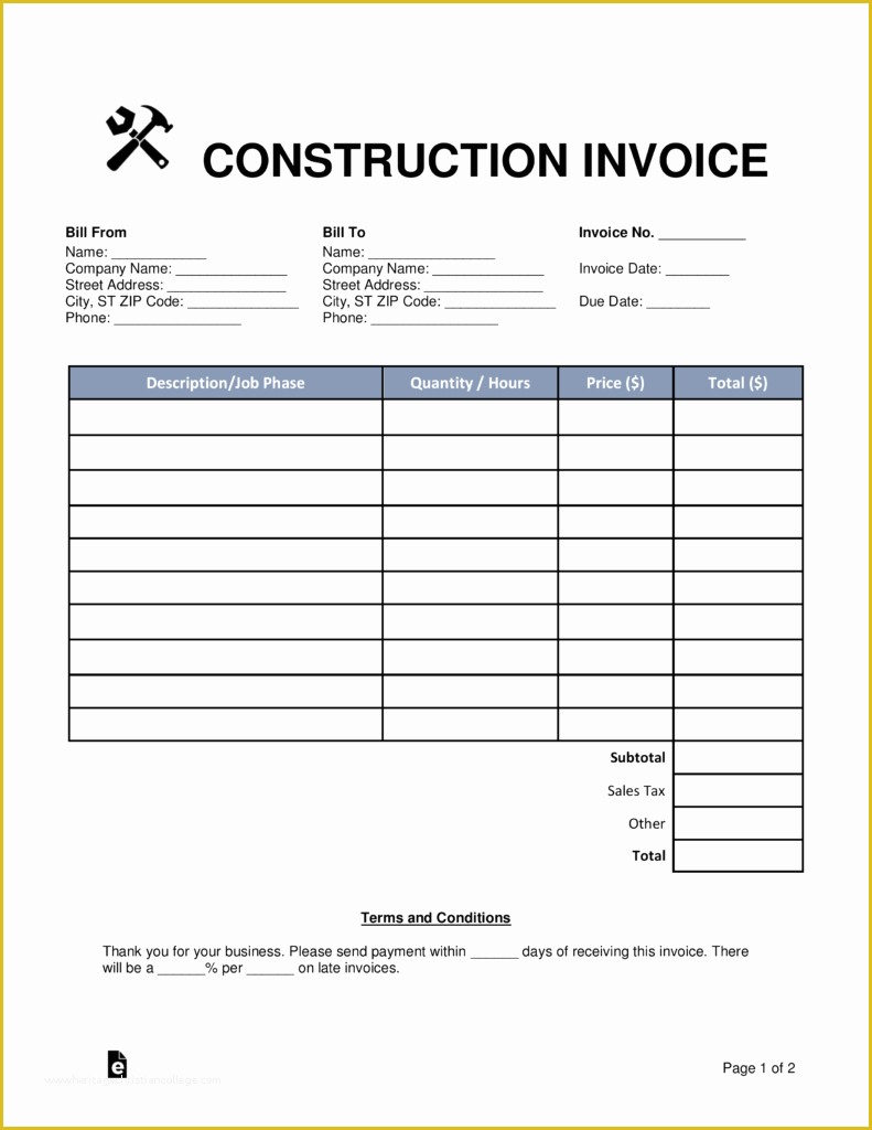 Construction Invoice Templates Free Download Of Free Construction Invoice Template Word Pdf