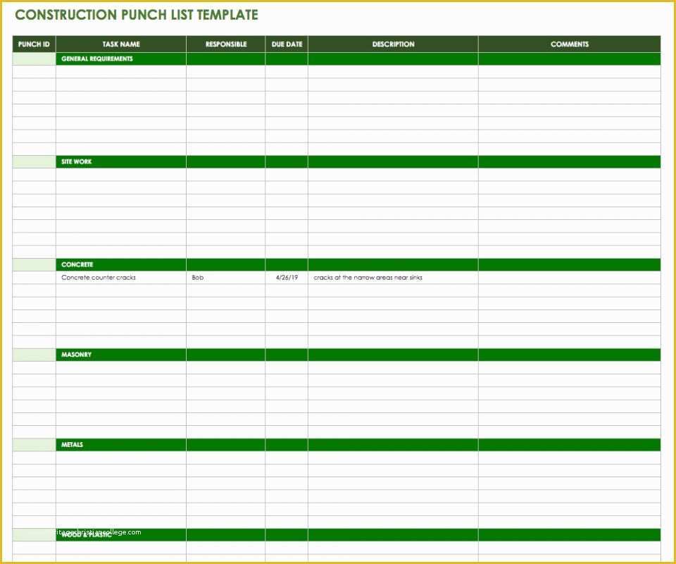 Construction Project Template Free Of Free Punch List Templates