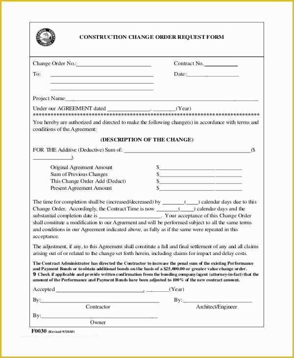 Construction Purchase order Template Free Of Construction Change order form Template Excel