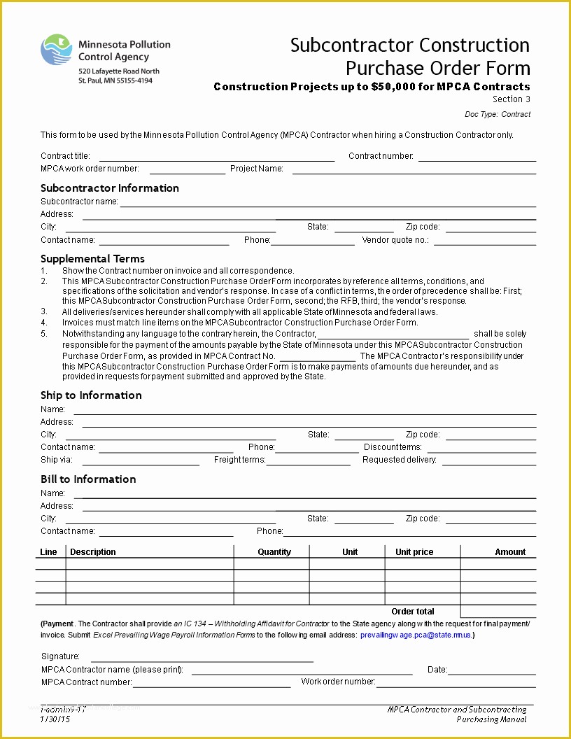 Construction Purchase order Template Free Of Free Subcontractor Construction Purchase order form