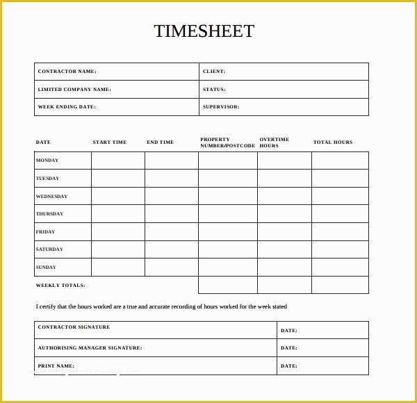 Construction Timesheet Template Free Of 17 Contractor Timesheet Templates – Docs Word Pages