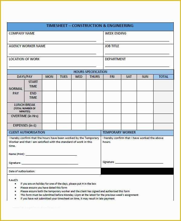 Construction Timesheet Template Free Of 42 Timesheet Templates Docs Pages Word