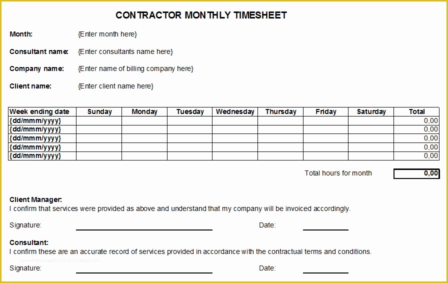 Construction Timesheet Template Free Of Contractor Monthly Timesheet for Working Days Tracking