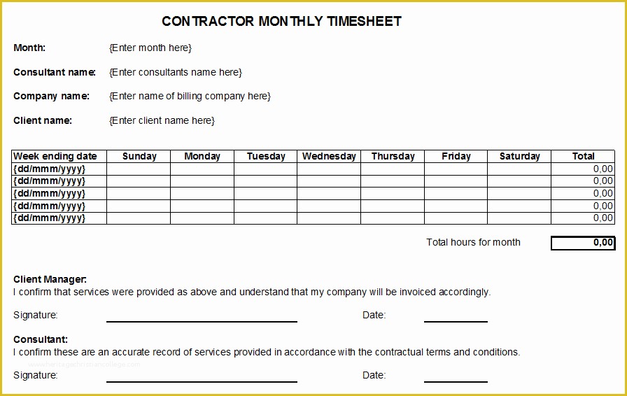 Construction Timesheet Template Free Of Contractor Monthly Timesheet for Working Days Tracking