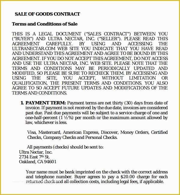 Contract for Sale Of Goods Template Free Of 8 Sales Contract Templates