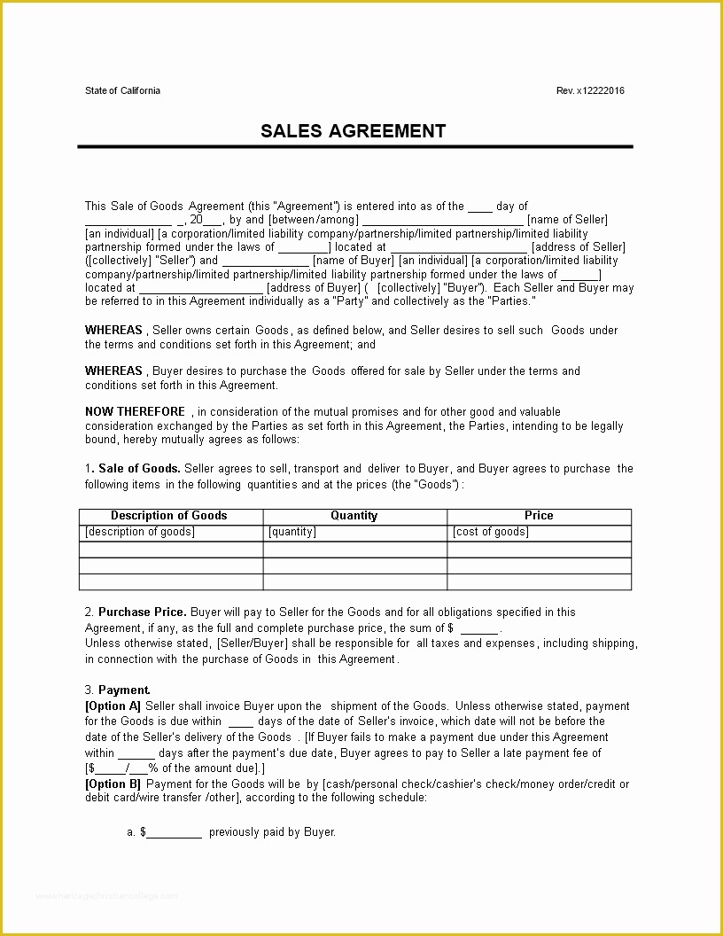 Contract for Sale Of Goods Template Free Of Free Contract for the Sale Goods