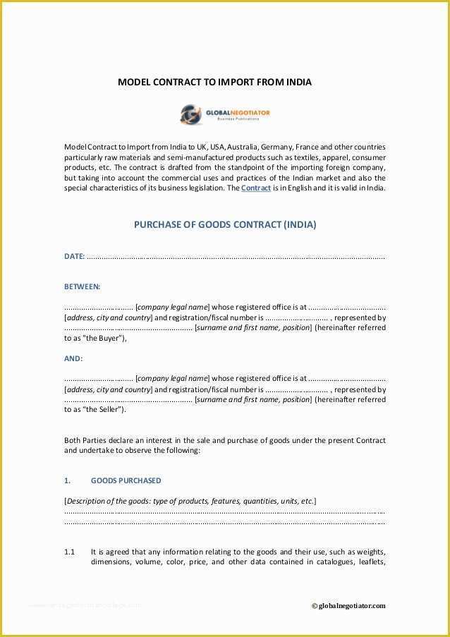 Contract for Sale Of Goods Template Free Of Purchase Of Goods Contract In India