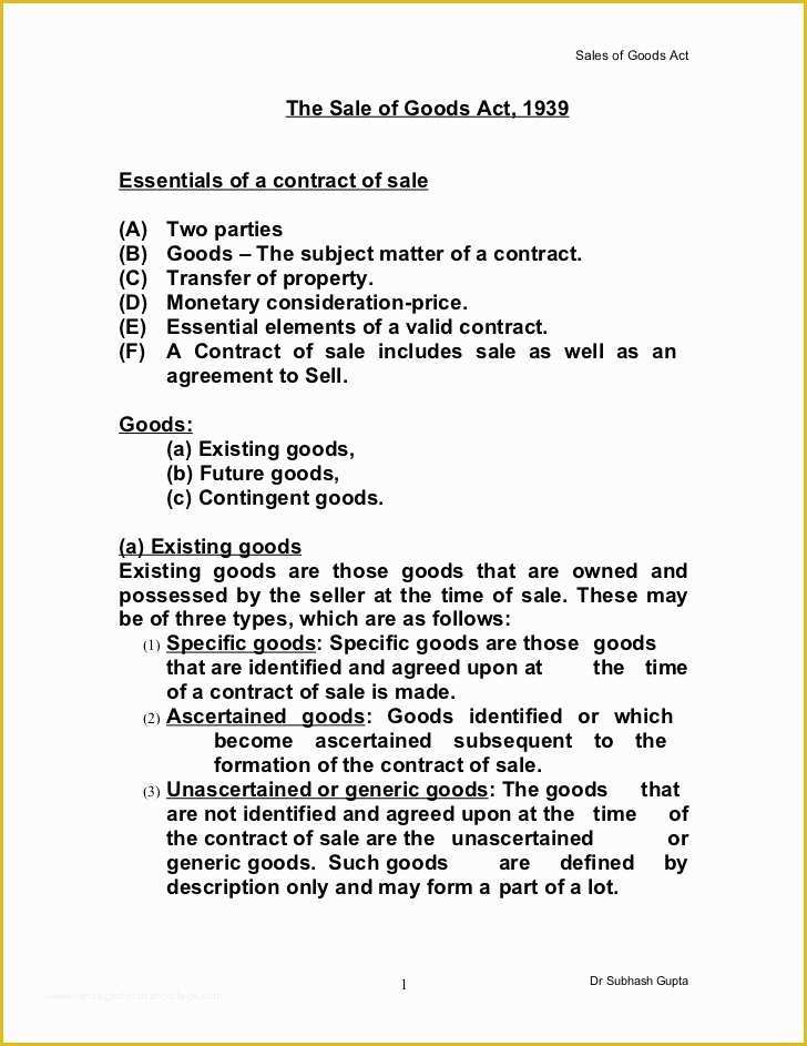 Contract for Sale Of Goods Template Free Of the Sale Goods Act