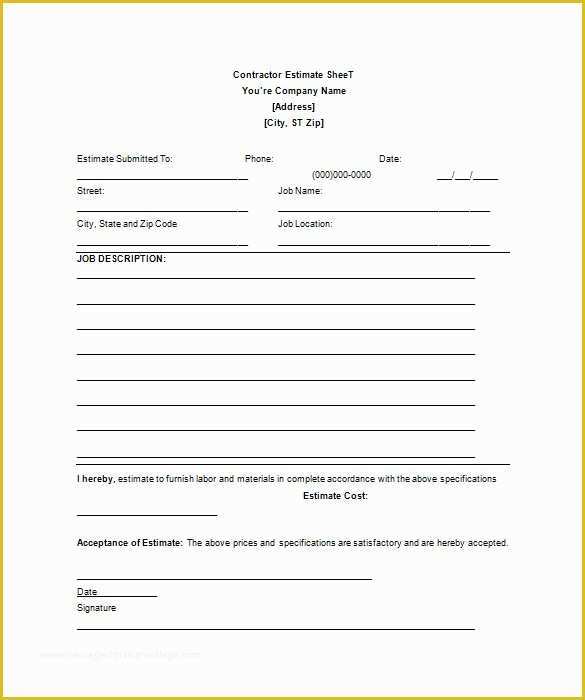 Contractor Bid Sheet Template Free Of 26 Blank Estimate Templates Pdf Doc Excel Odt